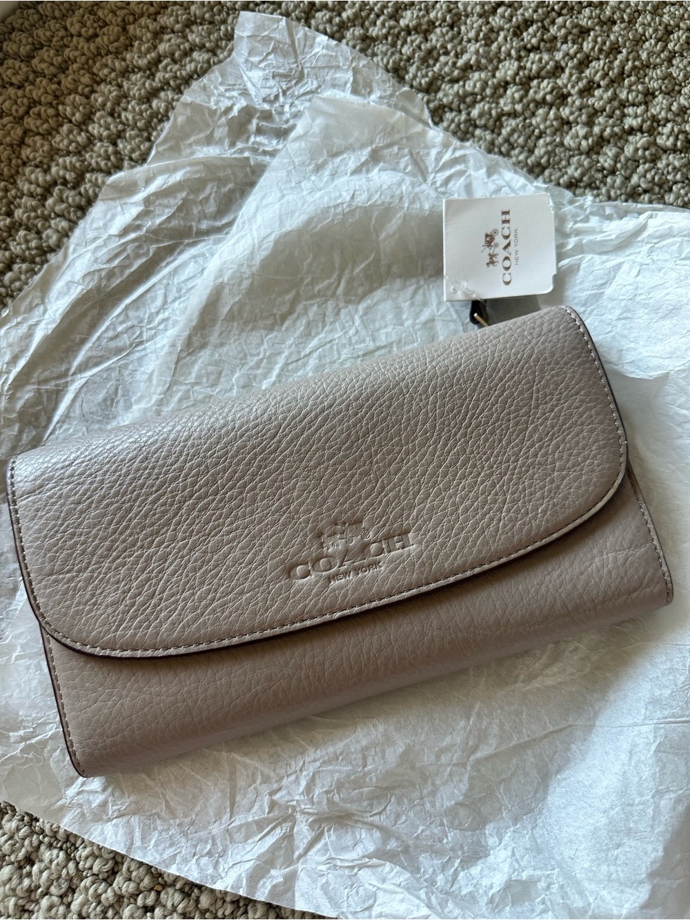 NWT NEW Coach Pebble Leather checkbook Wallet Clutch in Silver Grey Birch